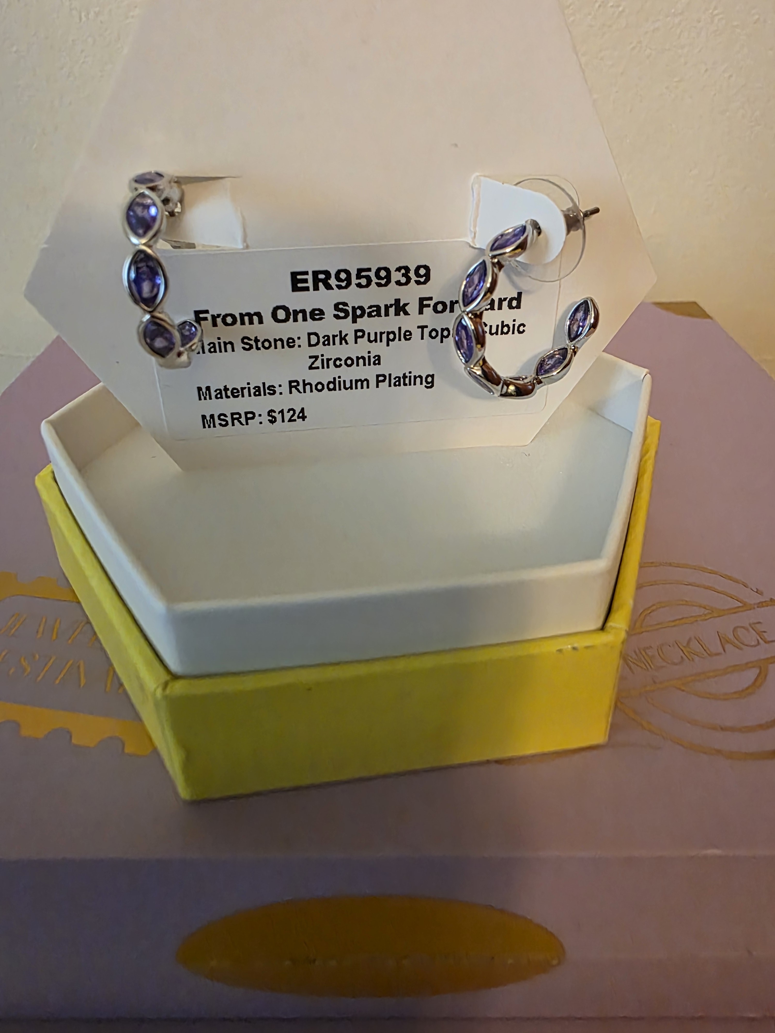 Dark Purple Topaz Cz Rhodium Plated Hoop Earrings